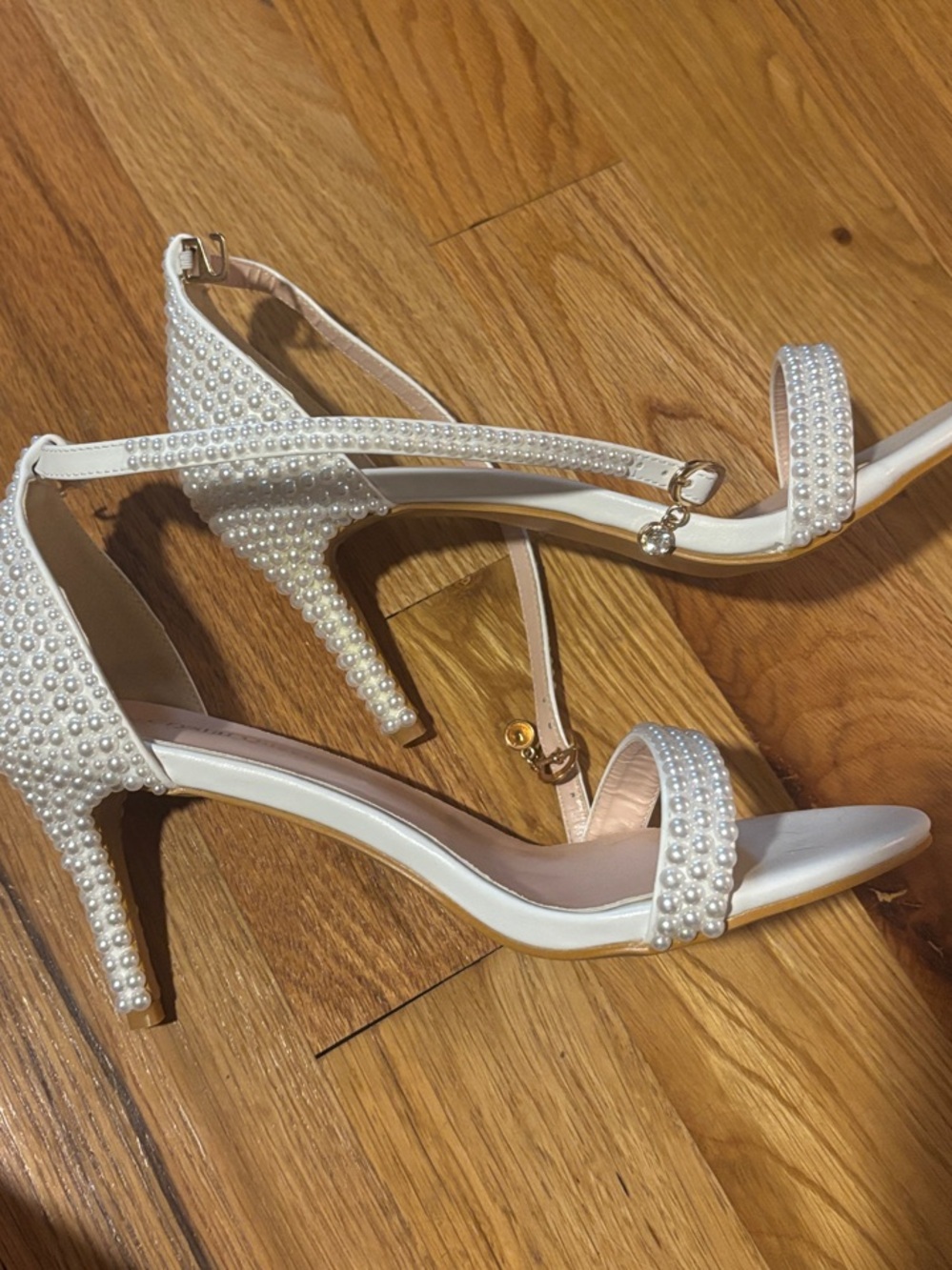 Pearl-Embellished White Ankle Strap Heels